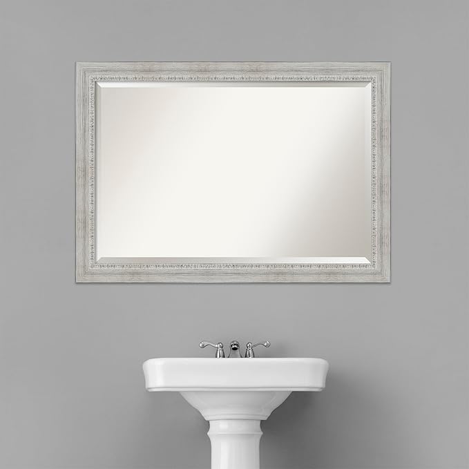 Amanti Art White Bathroom Mirror for Over Sink, 29x41 Rustic White Wash Rectangle Vanity Mirror, Large Rustic Farmhouse Wood Frame, Hangs Horizonally and Vertically, Bathroom Wall Decor, Beveled Edge
