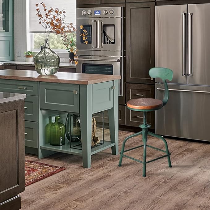 Topower Farmhouse Kitchen Stool, Industrial Counter Stool, Kitchen Deco Round Seat Standard Height Adjustable Swivel Bar Stools with Backrest Indoor House Design Iron Backrest Antique Green Set of 2