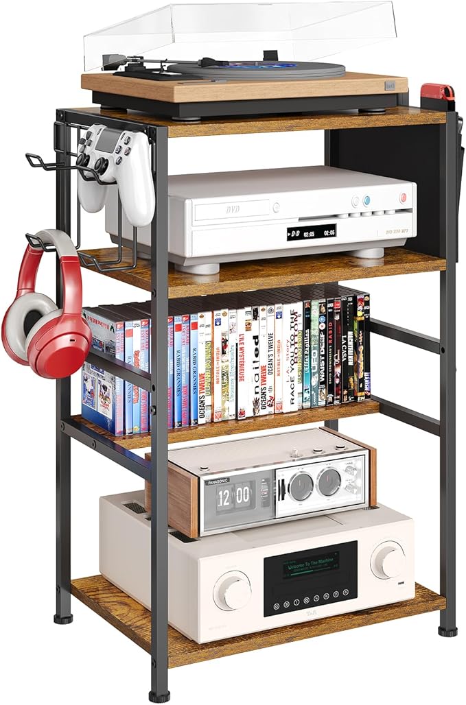 4-Tier AV Media Stand,Game Console Stand with 4 Hooks and Fabric Bags,DVD Shelf,Media Storage Cabinet,Audio Rack Record Player Stand Small Entertainment Center for Home Dorm, Apartment