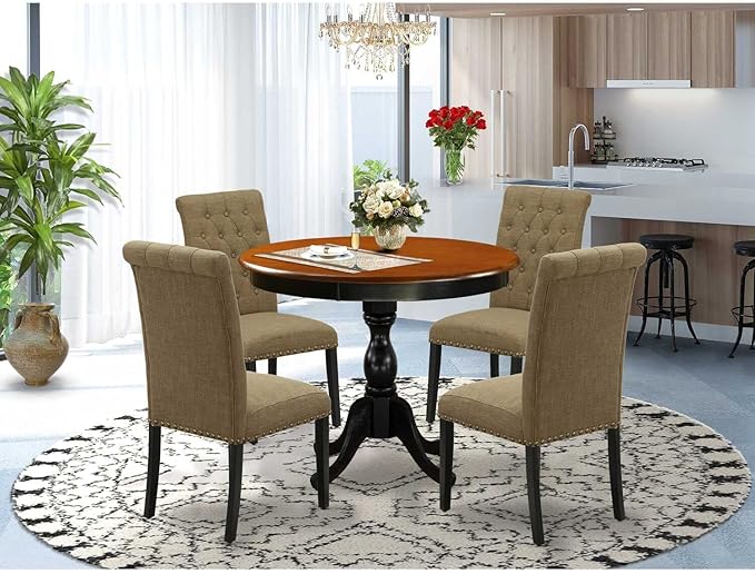 East West Furniture AMBA5-BCH-05 5 Piece Modern Dining Table Set Includes a Round Kitchen Table with Pedestal and 4 Grey Linen Fabric Parson Dining Chairs, 36x36 Inch, Black & Cherry