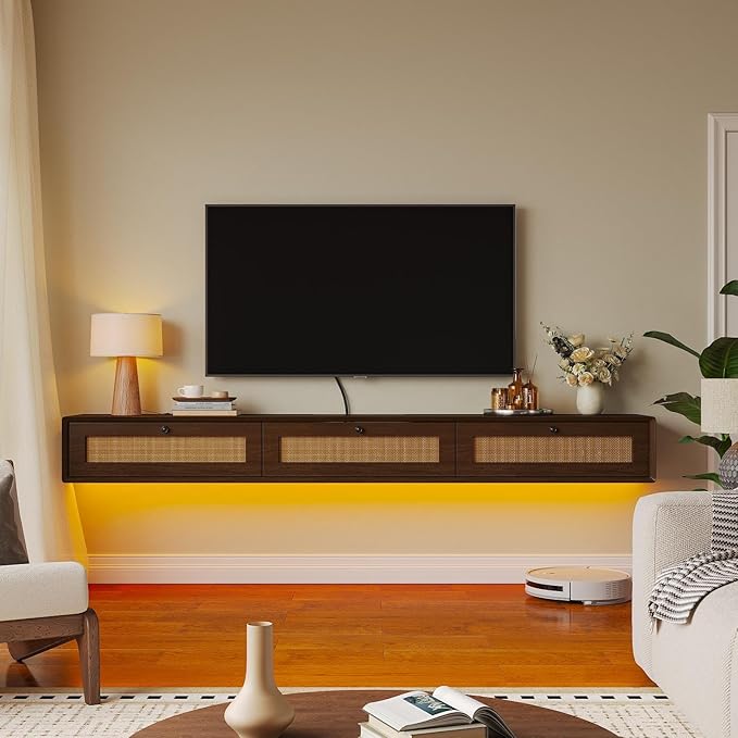 Fully-Assembled Floating TV Stand with 3 Rattan Doors, Rustic Floating Entertainment Center Under TV Shelf, Modern Large Storage Wall Mounted Media Console for Living Room Bedroom 47IN