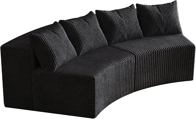 KEIKI Corduroy Curved Sectional Sofa, 2 Seater Symmetrical Modular Semi Circular Couch, Deep Seat Tufted Corner Sofa for Living Room, Lobby, Black