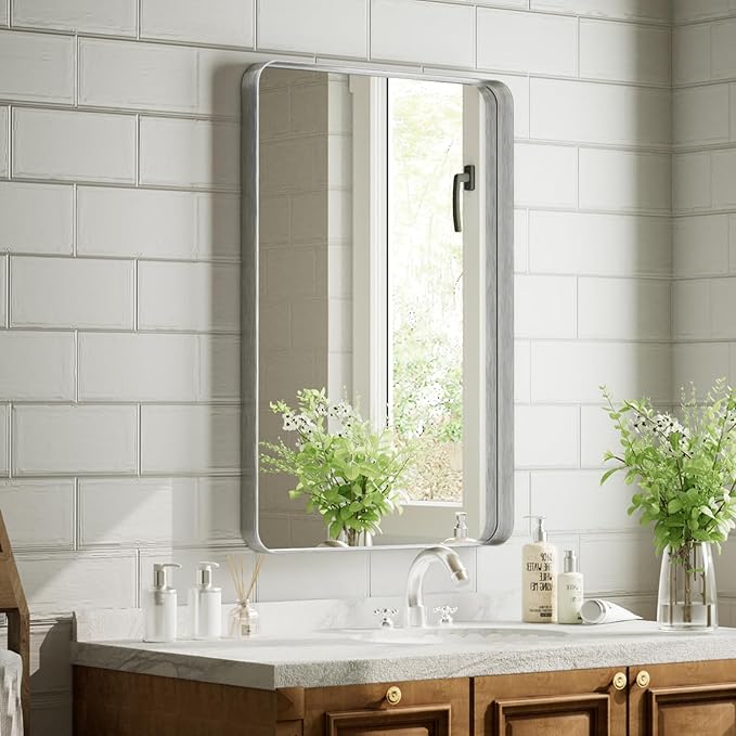Bathroom Mirror 20x30 inch, Silver Gorgeous Deep Frame Wall Mirror, Modern Round Corner Bathroom Vanity Mirror for Bedroom, Living Room, Hanging or Leaning Horizontal or Vertical, Silver