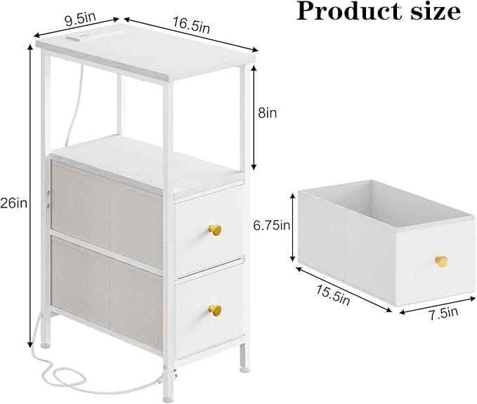 Fixwal Narrow Side Table with Charging Station and LED Light, Skinny Nightstand with 2 Fabric Drawers, Slim End Table for Bedroom, Dorm, Small Space, White