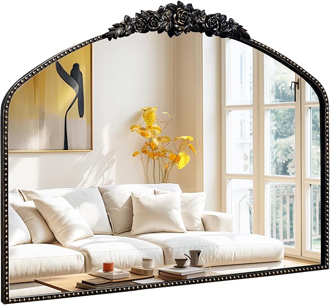 Black Brushed Gold Antique Mirror, 40"x31", Traditional Vintage Mirror with Ornate Metal Frame, Baroque Style for Fireplace, Entryway, Bathroom, Living Room, Hallway