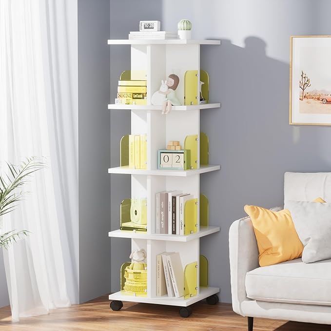 VECELO 4-Tier Rotating Bookshelf, Modern Swivel Bookcase for 360°Display,Stackable Square Book Shelves Floor-Standing Storage for Home Office, Solid Wood, Smooth Spinning, White