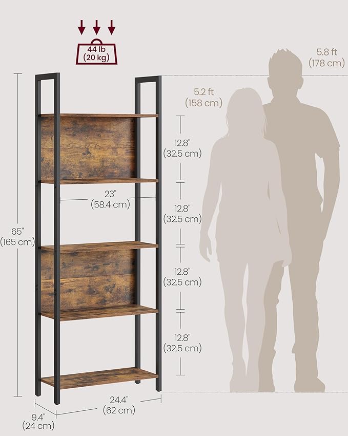 VASAGLE 5-Tier Bookshelf, Book Shelf, Industrial Bookcase, with Steel Frame, for Living Room, Home Office, Bedroom, 9.4 x 24.4 x 65 Inches, Rustic Brown and Black ULLS025B01