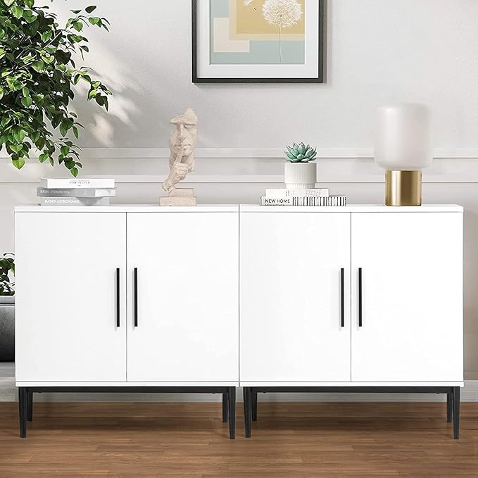 KFO Storage Cabinet with Doors, White Accent Cabinet, Modern Free Standing Cabinet, Sideboard with Metal Base for Bedroom, Living Room, Kitchen and Office