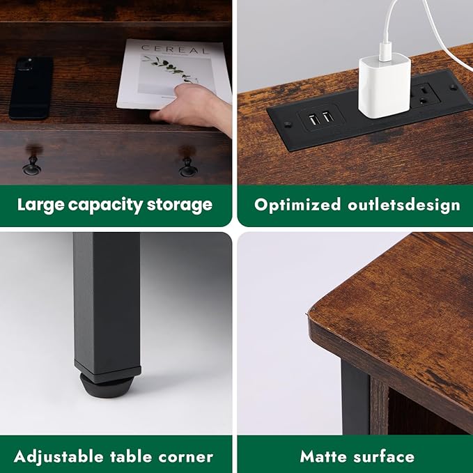 27 Inch Wide Night Stand, Large Wood Night Stand Set 2 with 2 Drawers, LED Nightstand with Charging Station and Adjustable Drawer, Bedside Table for Living Room/Bedroom/Study/Office, Retro.
