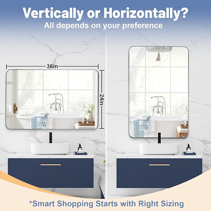 24x36 Inch Silver Bathroom Mirror for Wall, Metal Framed Rectangle Mirror with Rounded Corner, Bathroom Vanity Mirror in Aluminum Alloy, Hangs Horizontally or Vertically