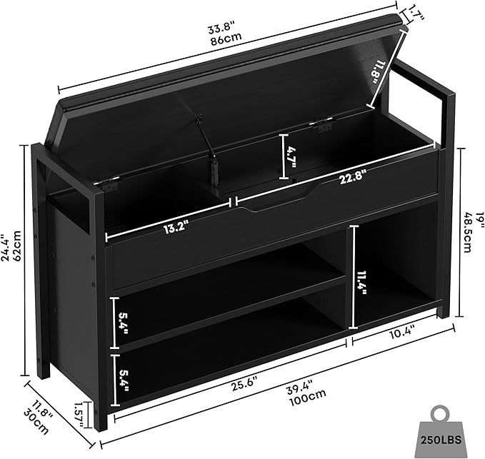 IRONCK Shoe Storage Bench, Entryway Bench with Lift Top Storage Box, Metal and Board Bench for Entryway, Two Tier Shoe Rack Organizer for Entryway, Bedroom, Hallway, Black