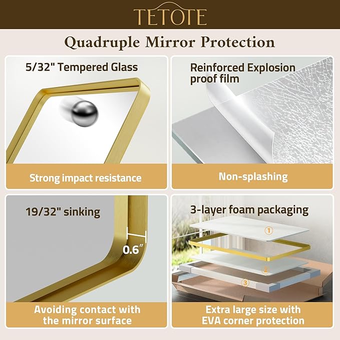 TETOTE 72 x 36 Inch Gold Framed Mirror Vanity Mirrors for Wall Decor Brushed Gold Bathroom Mirrors, Tempered Glass, Modern Farmhouse Wall Mounted Mirror for Decorative(Horizontal/Vertical)