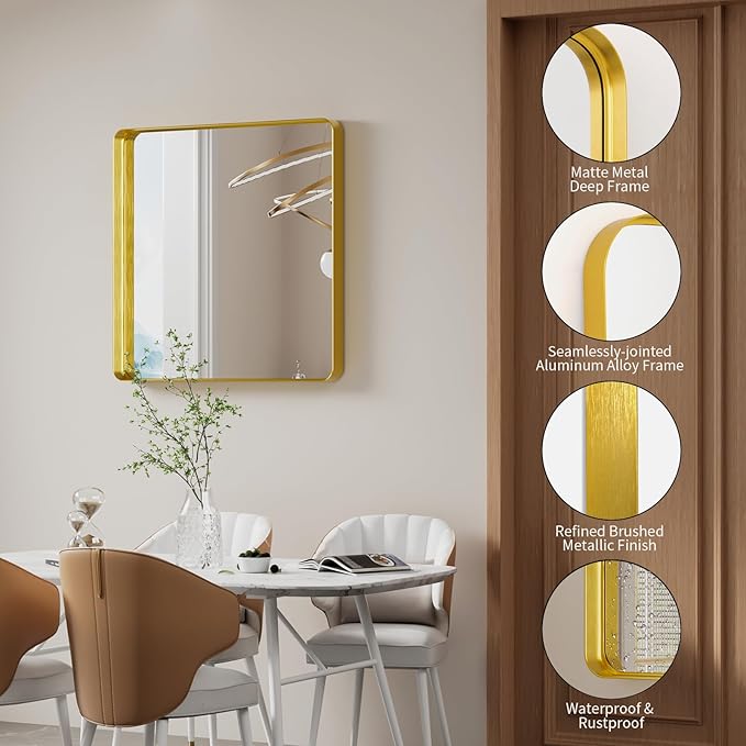 Koonmi Gold Wall Mirror for Bathroom, 30x30 Inch Matte Deep Framed Rounded Rectangle Vanity Mirror for Farmhouse Living Room, Tempered Glass, Anti-Rust, Vertically or Horizontally