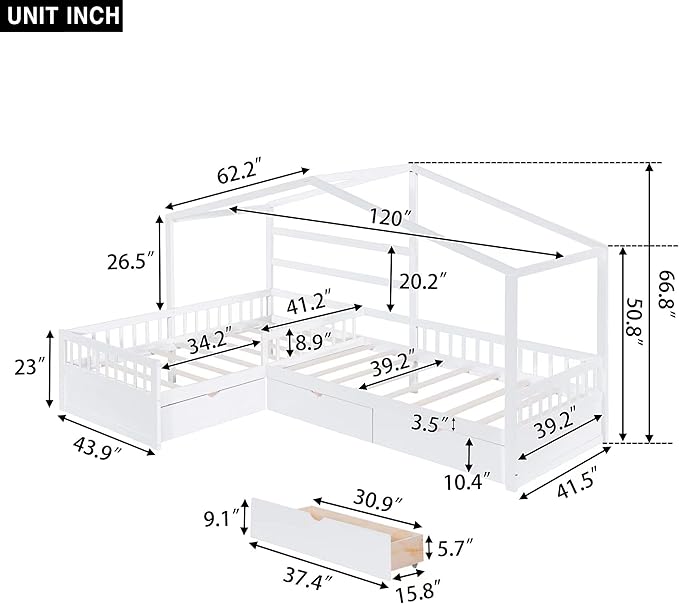 Twin Size House Platform Bed with Three Storage Drawers,Double Shared-Bed,2 in 1 Bed,L-Shaped Platform Bed for Boys Girls Shared Beds,Perfect complement to Any Small Space,White