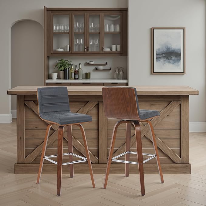 Armen Living Vienna Modern Swivel 30" Bar Height Barstool with Vintage Black Faux Leather and Walnut Wood Finish