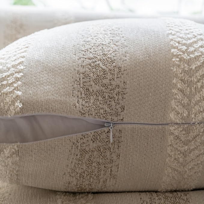 Pack of 1 Decorative Throw Pillow Covers 20x20 Inch, Pillow Cases for Living Room Couch Bedroom Farmhouse Home Decor, Soft Stripe Chenille Cushion Covers for Sofa Beige,20''x20''