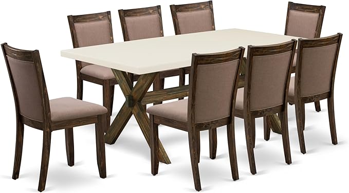 East West Furniture X727MZ748-9 9 Piece Dining Table Set Includes a Rectangle Dining Room Table with X-Legs and 8 Coffee Linen Fabric Upholstered Chairs, 40x72 Inch, Multi-Color