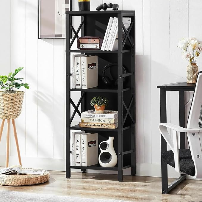 Small Bookshelf,5 Tier Industrial Bookcase with Metal Frame and Backboard,Narrow Black Book Shelf,Office Book case for Small Spaces,Living Room,Bedroom and Home Office