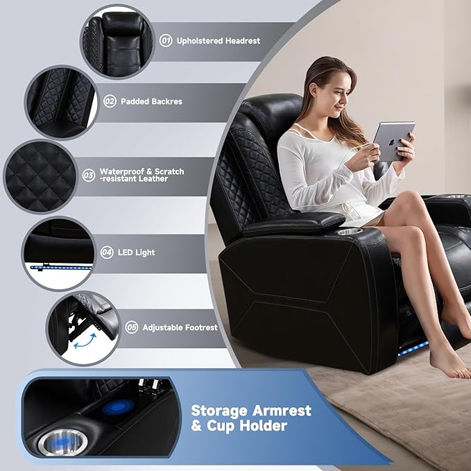 PU Leather Power Wall Hugger Chair Double Reclining Sectional Sofa 3-Seater Loveseat Couch with Reversible Coffee Table, Wireless Chargers, USB Port, Cup Holders, Storage Armrest, Ambient LED Light