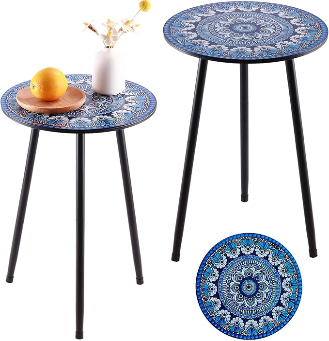 2 Packs Metal Mosaic Round Side Table 13.4" Small Outdoor Patio Round Accent Coffee Tables Indoor Corner Stand for Small Spaces Weather-Resistant for Balcony Plant Stand