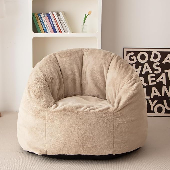 N&V Large Shell Bean Bag Chair, Adult Size Bean Bag Sack, Foam Filling, Includes Removable and Machine Washable Cover, 40in, Soft Faux Fur, Champagne