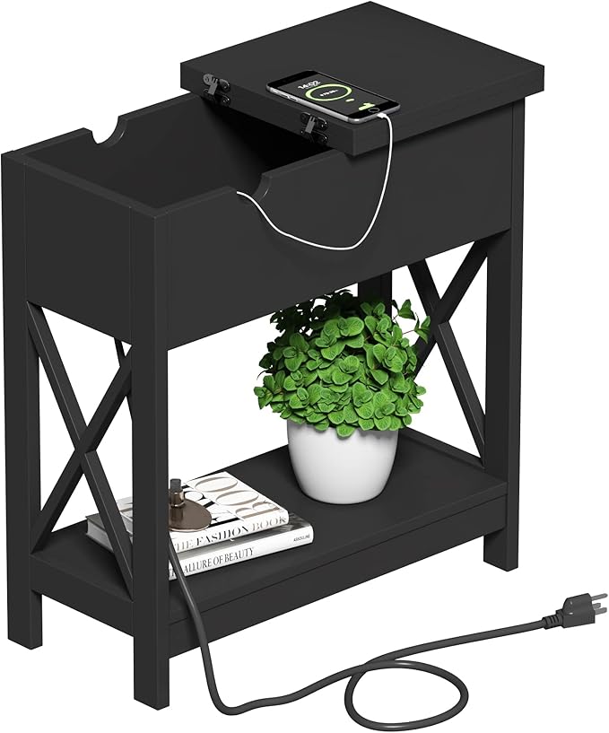 ChooChoo End Table with Charging Station, Narrow Flip Top Side Table with USB Ports & Power Outlets for Small Spaces, Nightstand Sofa Table for Living Room, Bedroom, Black, 2 Pack