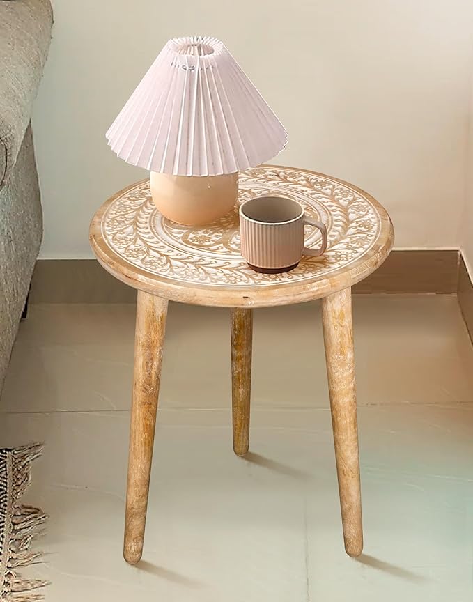 Wooden Table with 3 Legs Pillar, Carving End Tables, Round Coffee Tables, Entryway Table, Coffee Table for Livingroom, Books and Plants - 18"x22" - White Wash