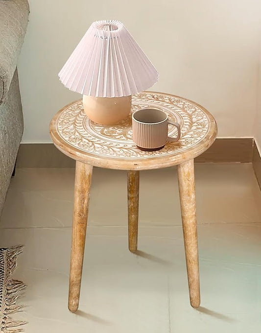 Wooden Table with 3 Legs Pillar, Carving End Tables, Round Coffee Tables, Entryway Table, Coffee Table for Livingroom, Books and Plants - 18"x22" - White Wash