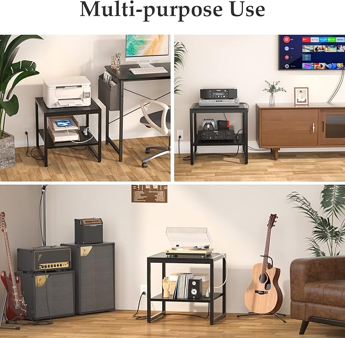 Homieasy End Table with Charging Station, 20 Inch Mini Fridge Stand with 2-Tier Open Shelf, Square Bedside Nightstand & Sofa Side Table for Small Spaces, Black - 2 Pack