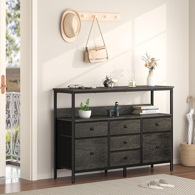 Yoobure LED TV Stand for Bedroom, 50 Inch Kids Dresser with Power Outlets, 7 Drawers Entertainment Center with Storage Shelf, TV Stands Dresser for Bedroom, Living Room, TV Console Entertainment Stand