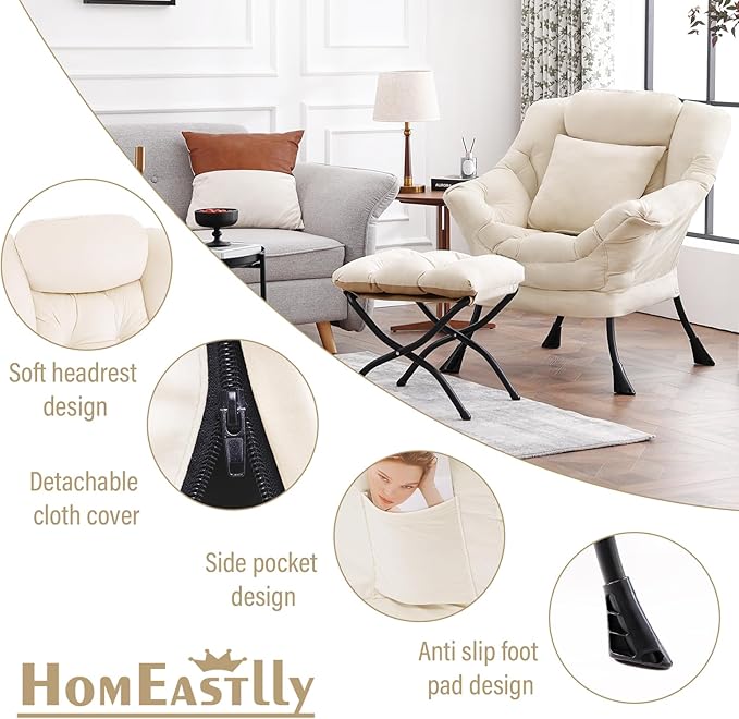 Lazy Chair with Ottoman, Modern Lounge Accent Chair with Armrests and a Throw Pillow, Leisure Sofa Chair Set, Reading Chair with Footrest for Living Room, Bedroom, Office, Velvet Ivory