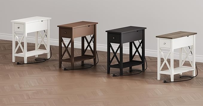 ChooChoo End Table with Charging Station, Narrow Side Table with USB Ports and Outlets, Nightstand with Drawer, for Small Spaces, Bedside Tables for Living Room Espresso