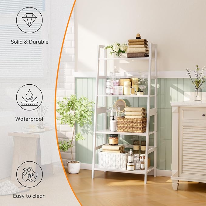 HITNET Ladder Shelf, 4 Tier Bookshelf, Floor Standing Bathroom Storage Rack with Bamboo Frame, Home Office Open Display Bookcase, White