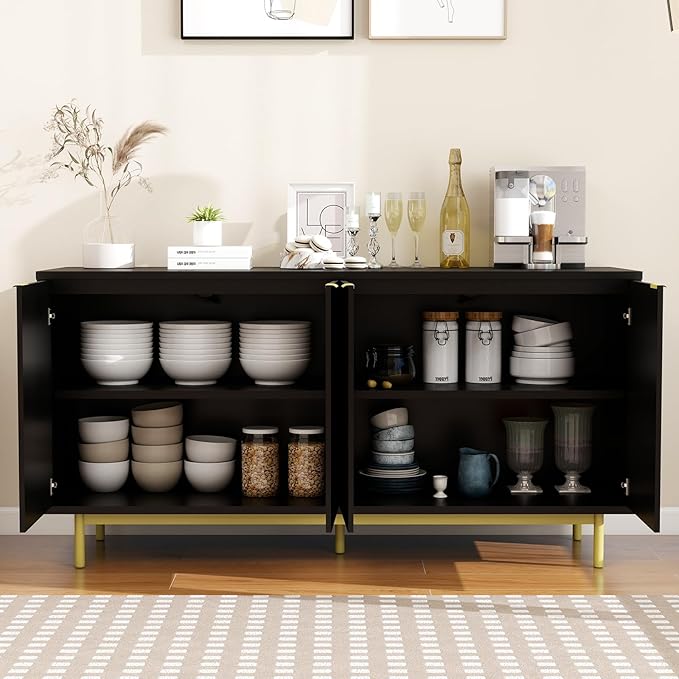 Vipbear Modern TV Stand for 65 Inch TV,Entertainment Center with Storage Cabinets and Adjustable Shelves, Media Console Table, Wood Television Furniture for Living Room, Bedroom, Black