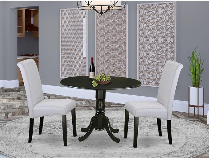 East West Furniture DLBA3-BLK-05 3 Piece Kitchen Table & Chairs Set Contains a Round Dining Room Table with Dropleaf and 2 Grey Linen Fabric Parsons Dining Chairs, 42x42 Inch, Black