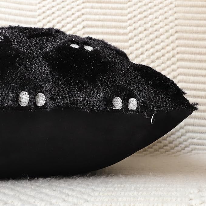 4TH Emotion Halloween Ghost Decorative Pillow Covers 16x16 Set of 2, Black Soft Plush Faux Fur Farmhouse Throw Cushion Cases for Fall Autumn Holiday Home Decorations