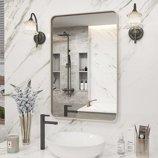 20x30 Inch Brushed Nickel Bathroom Mirror, Brushed Silver Metal Framed Wall Mirror, Rounded Corner Rectangle Modern Vanity Mirror, Tempered Glass, Anti-Rust, Shatterproof (Horizontal/Vertical)