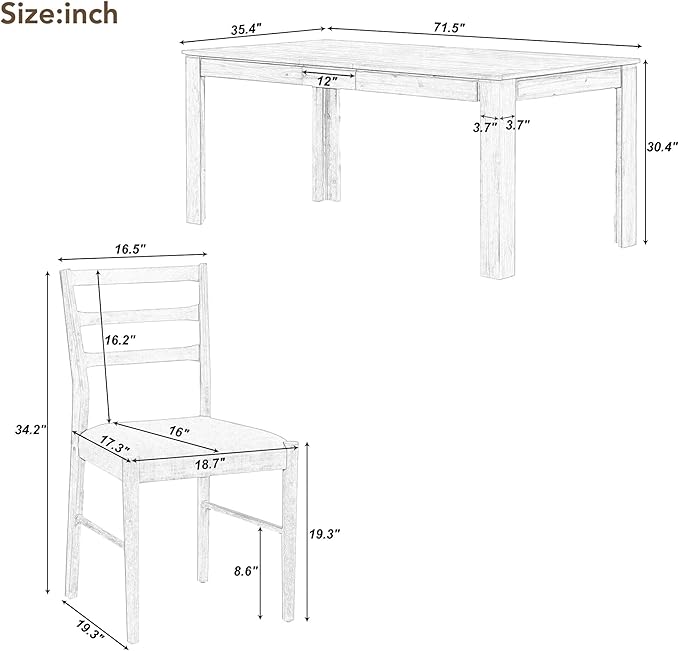 7 Pieces Dining Table Set with 6 Upholstered Chairs,Living Room Desk W/ 2 Drawers and 71.5" Rectangle Extendable Leaf,for Restaurant,Home Bistro,Natural Wood Wash