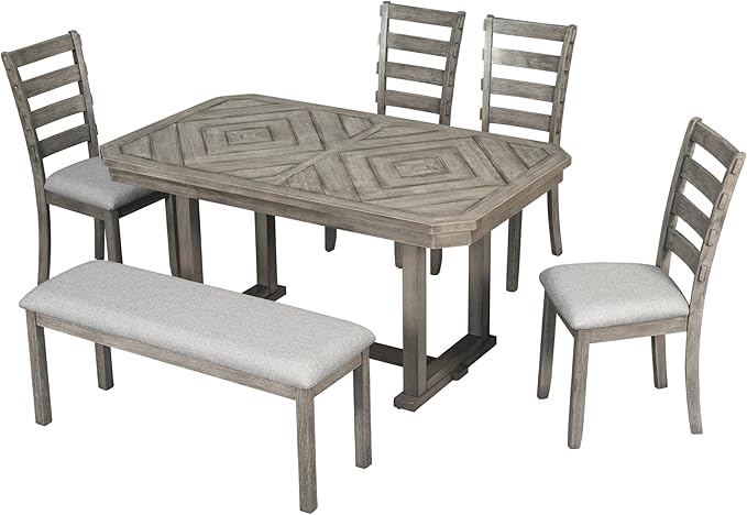 Merax 6-Piece Rubber Wood Dining Table Set with 4 Cushioned Chairs and Bench, Beautiful Wooden Grain Pattern Tabletop, Grey