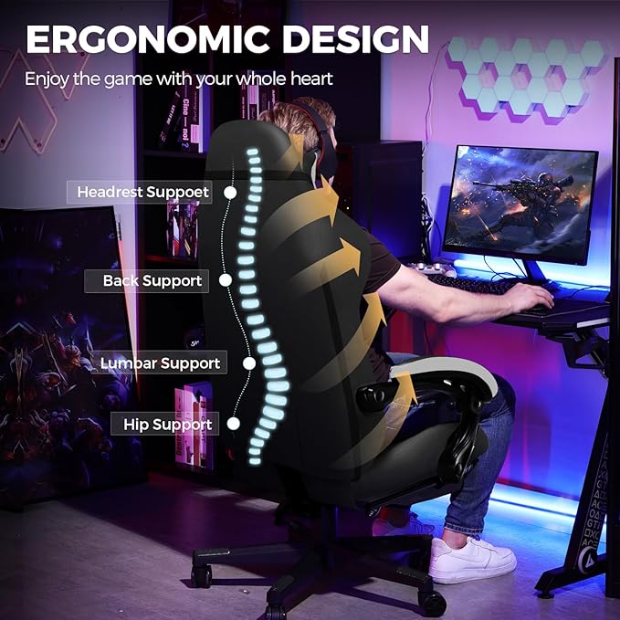 GTPLAYER Gaming Chair Fabric with Footrest, Big and Tall Game Chair High Back Computer Office Chair with Lumbar Support for Adults, Ergonomic Swivel Games Chair with Cushion Gaming Black