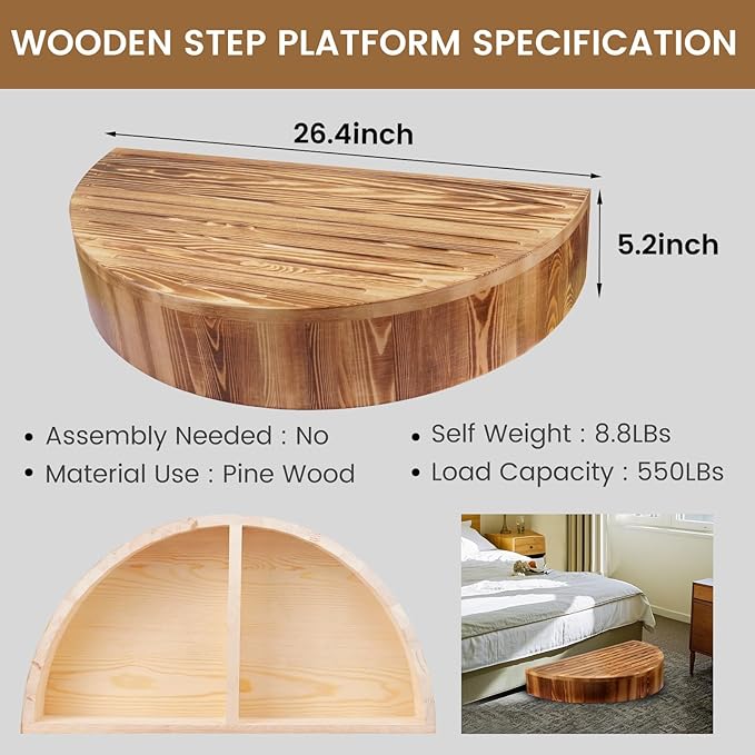Solid Wooden One Step Stool, 5.2" High Semicircular Wood Bed Step for Elderly Adults Kids Safety to Get in & Out of High Bed, Kitchen, Bathroom(26.4" L, 550LBs Capacity)
