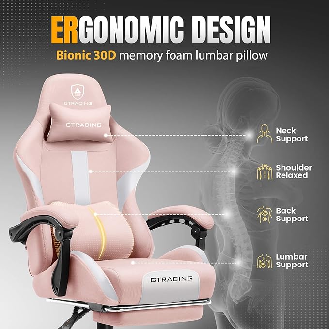 GTRACING Gaming Chair with Foot Rest & Pocket Spring Cushion, Breathable Fabric for Home Office Desk, Ergonomic High Back Computer Chair with Headrest & Lumbar Support, Pink