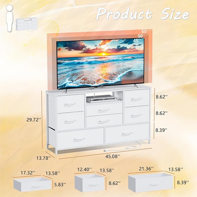 Furnulem Dresser for Bedroom, Wide Chest with Power Outlet for 55" TV Stand Entertainment Center, Deep 8 Drawers for Storage in Living Room,Entryway,Hallway,Closet(White)
