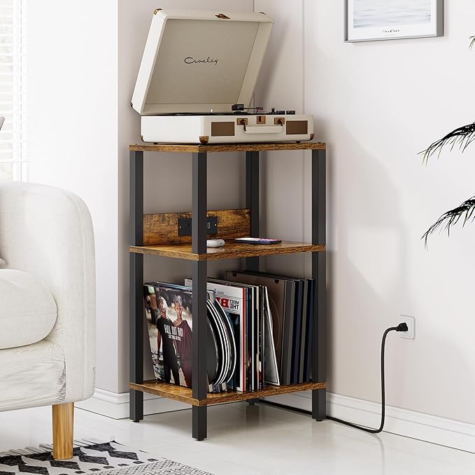 TUTOTAK Record Player Stand with Storage Up to 100 Albums，Record Storage Table,3 Tier End Table with Charging Station,Side Table for Living Room, Bedroom, Brown TB01BB076
