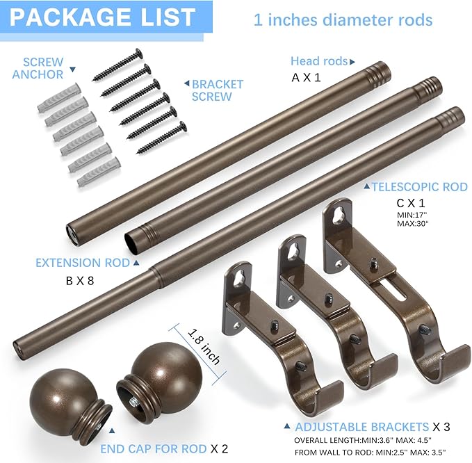 Curtain Rods for Windows 16 to 150 Inches, Curtain Rod Max Adjustable Length of 160 IN, 1" Diameter Drapery Rods Round Finials, Brown, Pack of 1
