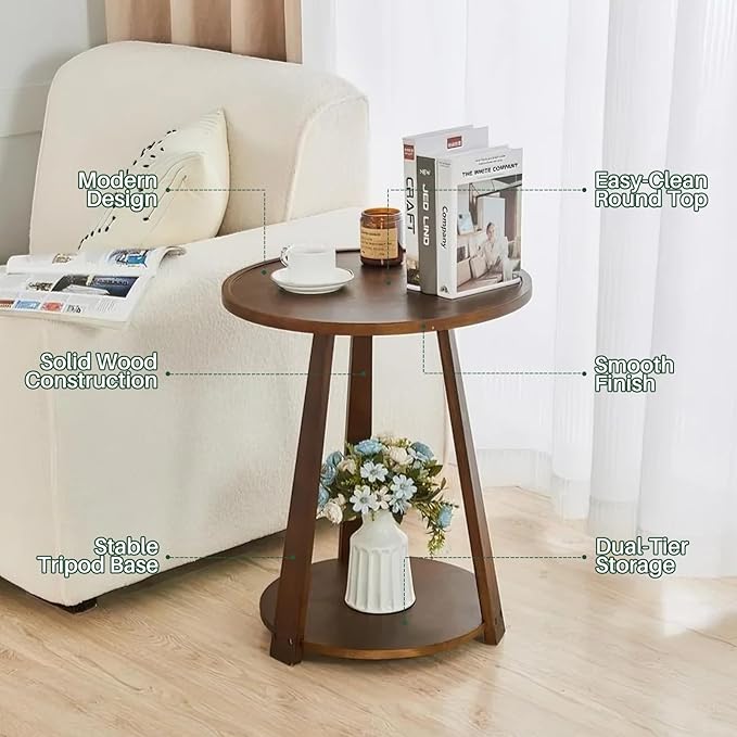 Round Solid Wood Side Table - Small Round Wooden End Table, Modern Living Room Side Beside Tables with Shelf for Couch Sofa Armchair Office Bedroom, Walnut, 19.6 in x 19.6 in x 23.6 in