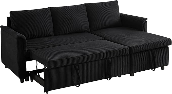 Ball & Cast L-Shape Reversible Sectional Sleeper Sofa Bed 4 in 1 Pull Out Couch with Storage Chaise&Removable Backrest,Convertible Sleeper Corner Couch Pull-Out Sofa Bed for Living Room,Corduroy,Black