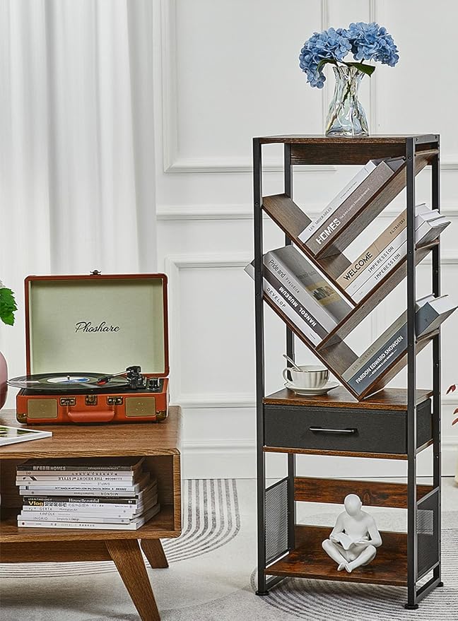 Bookshelf with Drawer,8 Tier Tree Bookcase Retro Floor Standing Bookshelves,Tall Wood Bookcases with Cabinet Storage Organizer for Living Room, Bedroom & Home Office, Classic