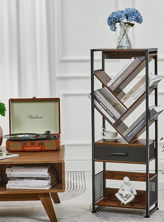Bookshelf with Drawer,8 Tier Tree Bookcase Retro Floor Standing Bookshelves,Tall Wood Bookcases with Cabinet Storage Organizer for Living Room, Bedroom & Home Office, Classic