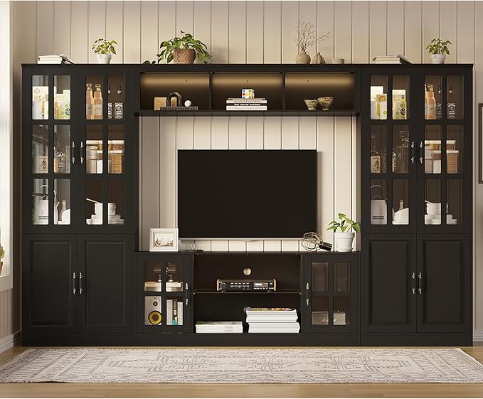 4-Piece Wall Unit TV Stand with Storage & LED Lights for TVs up to 75", Modern Entertainment Center with Bookshelves & 4-Door Pantry Cabinet, Black